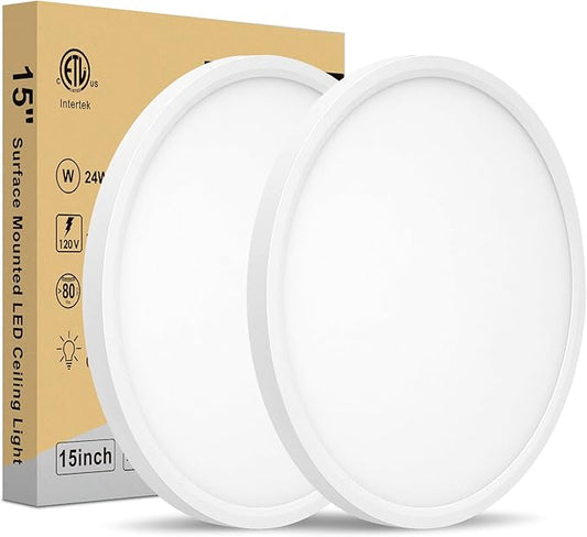 15 Inch LED Ceiling Light - Dimmable 2700-5000K 5CCT Selectable, 32W 3800LM, Round Flat Panel Low Profile Light Fixtures for Hallway, Kitchen, Bedroom, Laundry, 15 Inch 2Pack White