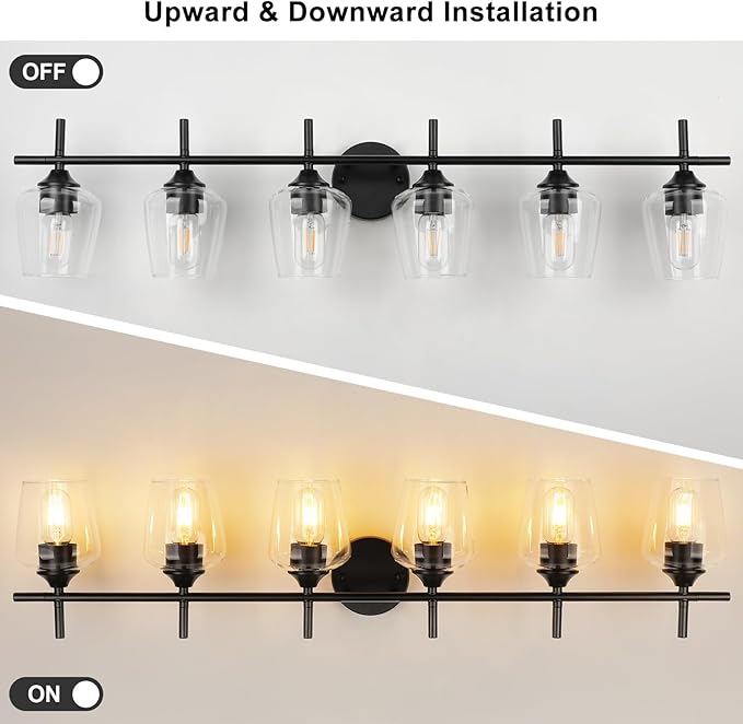 Bathroom Vanity Light Fixtures, Bathroom 6-Lights Over Mirror Modern Vanity Lighting with Clear Wine Glass Shade Wall Lamp for Bedroom Hallway Living Room (Black, 6-Light)