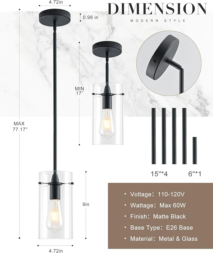 2 Pack Pendant Lights Kitchen Island, Adjustable Hanging Glass Pendant Light Fixtures, Matte Black Pendant Lights Kitchen Island, Modern Kitchen Pendant Lighting Over Island
