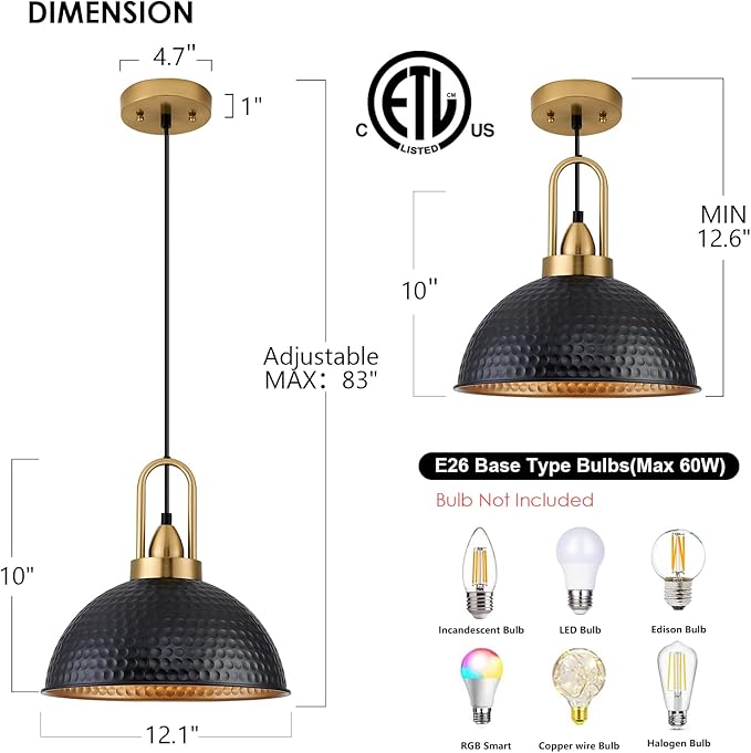 Black Pendant Lights Kitchen Island Industrial Adjustable Height Vintage Farmhouse Dome Hanging Light Fixtures for Barn, Dining Room 2 Packs
