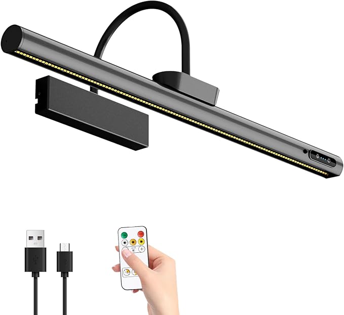 Bridika Picture Light Battery Operated, 19.7in Picture Lights for Wall, 3 Colors & Brightness Dimmable, Rechargeable Art Light for Paintings Photo Dartboard Gallery Bedroom Bathroom Black