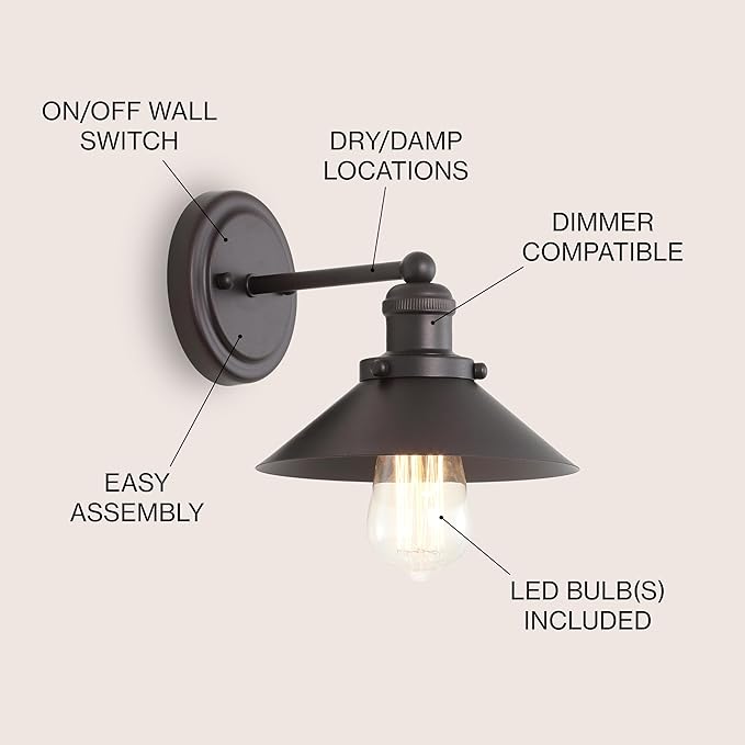JONATHAN Y 7.88" Oil Rubbed Bronze 1-Light Industrial Farmhouse Metal Vanity Light Wall Sconce, Metal Shade for Bathroom Mirror, Kitchen, Entryway, LED Bulb Included (JYL7426A)