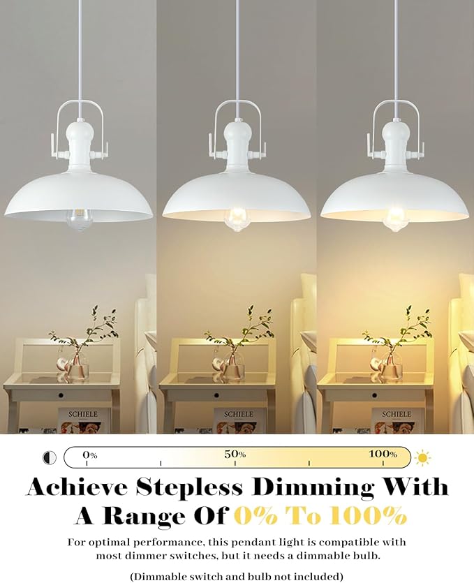 White Pendant Lights Kitchen Island 2 Pack, 13.8 Inch Dome Pendant Light, White Farmhouse Pendant Light, Industrial Pendant Lights for Kitchen Barn Hallway Porch Dining Room