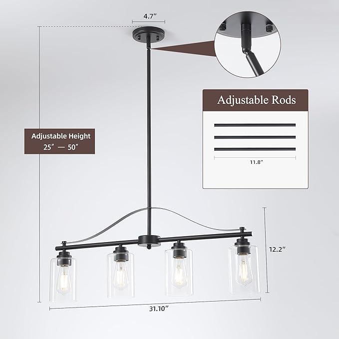 Island Light for Kitchen, 4-Light Linear Chandelier Pendant Lighting for Kitchen Island, Matte Black Dining Room Light Fixture Over Table with Clear Glass Shades