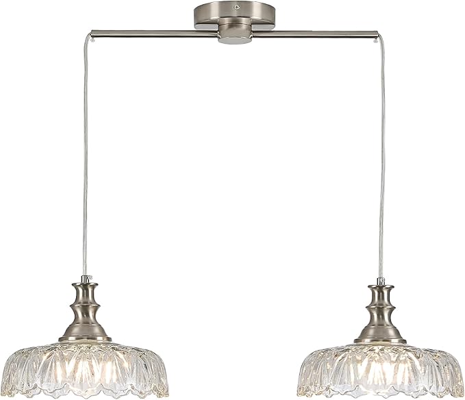 HDDFL Vintage Pendant Lighting Fixtures Modern Glass Hanging Lamp with Adjustable Cord for Kitchen Island Dining Room Hallway 2 Light Brushed Nickel and Clear