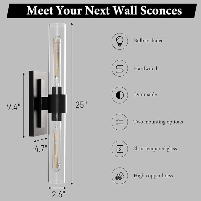 Black Brass Bathroom Wall Sconce - Set of 2 Modern Linear Light Sconces - Clear Glass Tube Vanity Lights - Vertical or Horizontal Mounted Dimmable Lighting Fixtures for Indoor Living Room Hallway