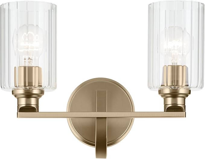 Kichler Gioe 2-Light Vanity Light Fixture 14.25" Bathroom Light with Clear Fluted Glass in Champagne Bronze for Bathroom Vanity Over Mirror (14.25" W x 10.5" H), 55225CPZFLU