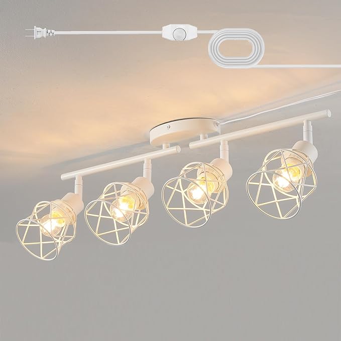 Dimmable 4 Light Plug in Ceiling Light,White Plug in Track Lighting Kit with 16.5' Cord,Flexibly Rotatable Light Head,Modern Industrial Farmhouse Style(Bulbs Not Included)