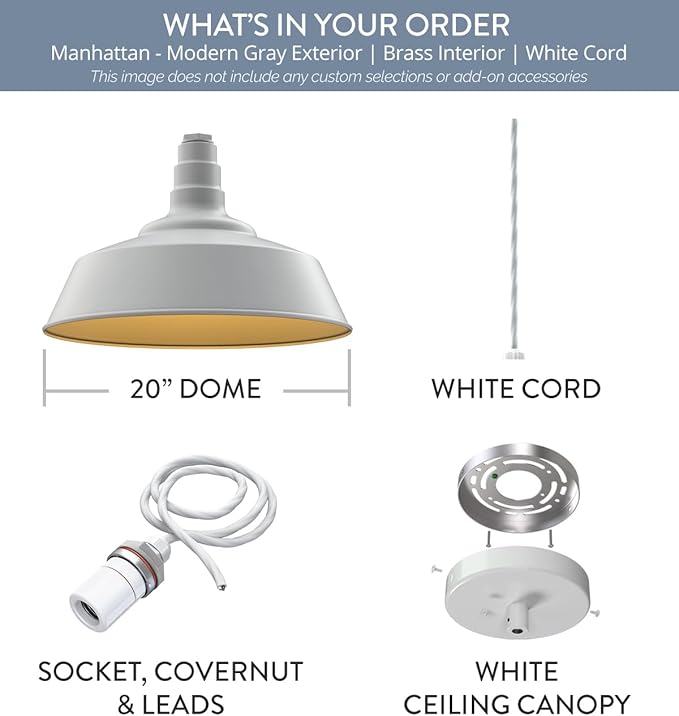Steel Lighting Co. Manhattan Warehouse Light | Ceiling Mounted Pendant | 20 inch Dome | 4' White Cord | Large Steel Barn Light Made in America | Modern Gray Exterior/Brass Interior