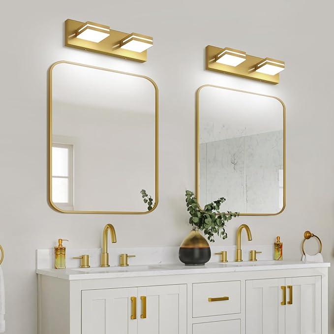 SineRise LED Modern Bathroom Vanity Light Fixtures (2-Light, 15.5-Inch, Dimmable), Brass Modern Acrylic Bathroom Wall Lighting Fixtures Over Mirror (Cool White 6000K)