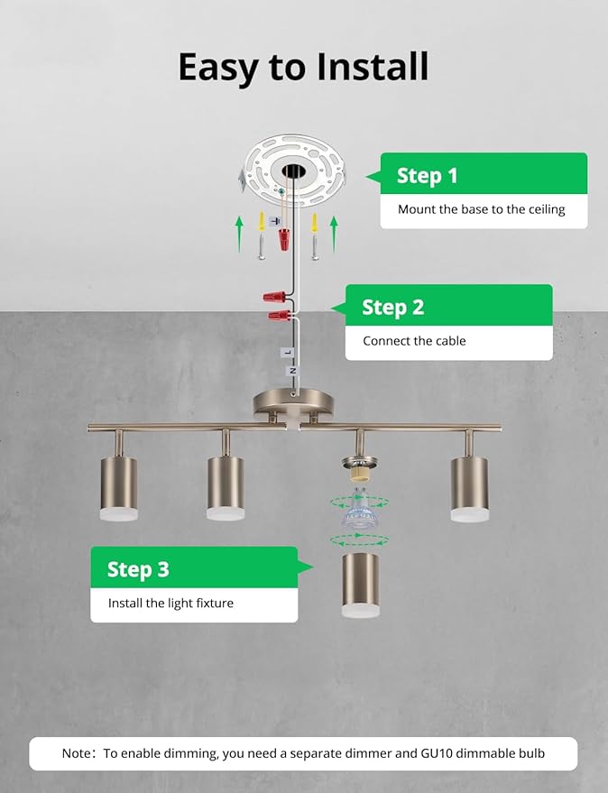 Bojim Track Lighting Fixtures Ceiling Mount for Kitchen, Nickel 4 Way LED Spot Lights Indoor, Flexible Modern Track Light GU10 Socket for Dining Room, Bulbs Not Included
