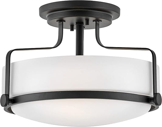 Hinkley Harper 3641BK Medium Semi-Flush Mount Ceiling Light, Sleek, Retro Style, Black and Etched Opal Glass