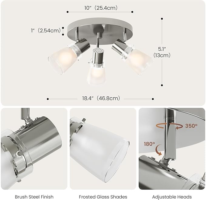 10” Decorative Track Lighting Kit, Brushed Nickel Finish Flush Mount Ceiling Light Fixture with Frosted Glass Shades, E26 Base Adjustable Heads Provide Directional Light (3-Light)