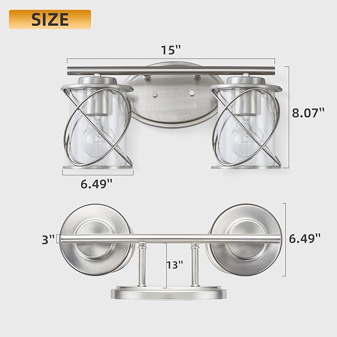 mavcadonf 2-Lights Vanity Lights, Bathroom Light Fixtures Over Mirror, Brushed Nickel Vanity Light, Farmhouse Wall Lights with Clear Glass Shade, Bathroom Wall Lamp for Mirror Kitchen Bedroom