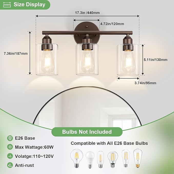 3-Light Bathroom Vanity Light Fixture, Modern Wall Lamp for Mirror with Clear Glass Shade (D-Clear Glass & Brown)