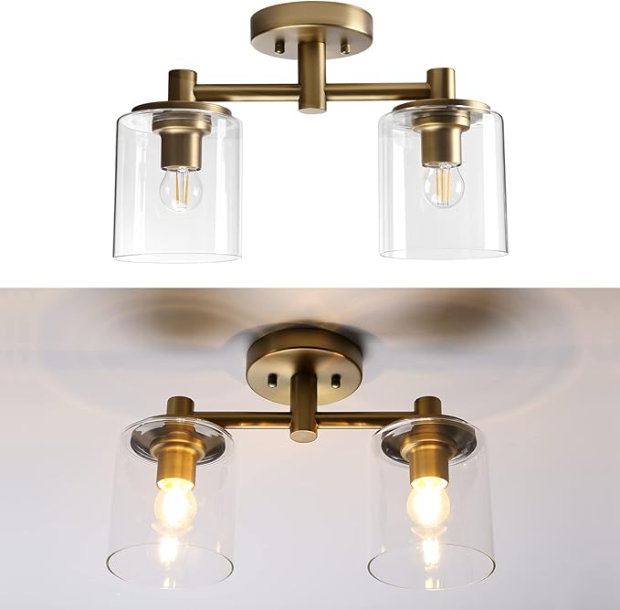 Pathson 2-Light Semi Flush Mount Ceiling Light, Industrial Pendant Lighting Fixture with Glass Shade, Ceiling Chandelier Lamp for Hallway Loft Kitchen Bar