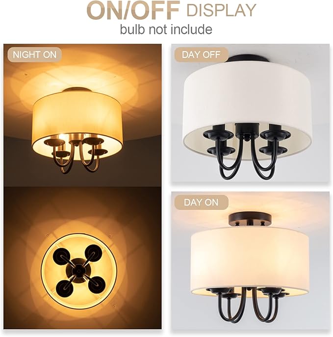 VILUXY Semi-Flush Mount Ceiling Light Fixture Off-White Fabric Drum Shade Modern Chandelier Black Finish for Bedroom, Dining Room, Corridor, Living Room 4-Light