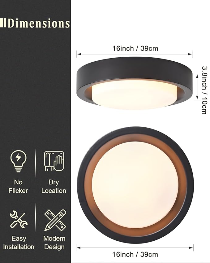 16 Inch Flush Mount Ceiling Light,3-Lights Black Finish with Frosted Glass Shade,Round Ceiling Light Fixture for Bedroom Livingroom Kitchen