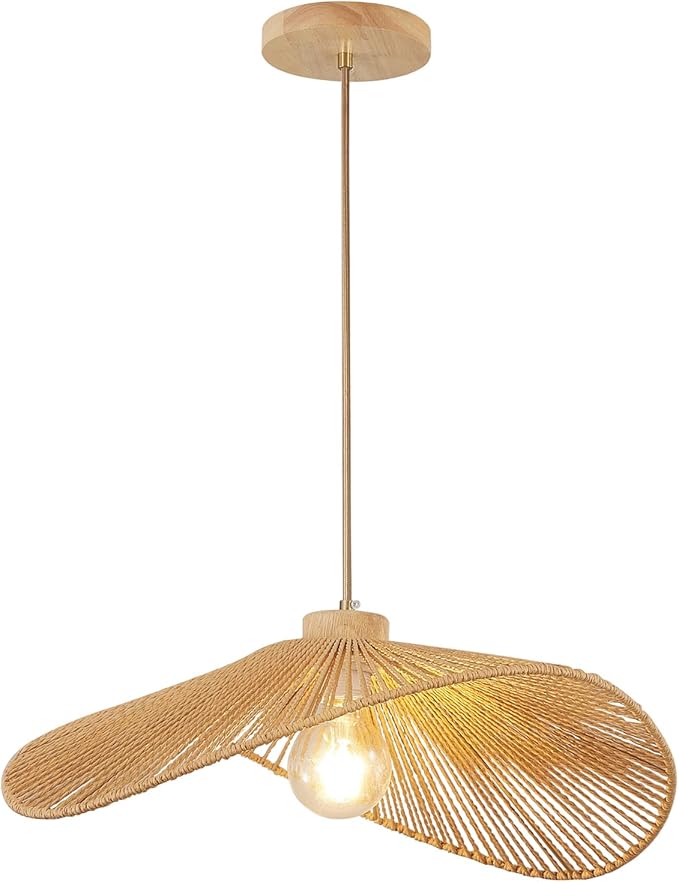Boho Rattan Pendant Light Fixture Modern Style Hanging Light Bohia Natural Bamboo Handmade1-Light Hanging Lamp for Farmhouse Bedroom Living Room Dining Room