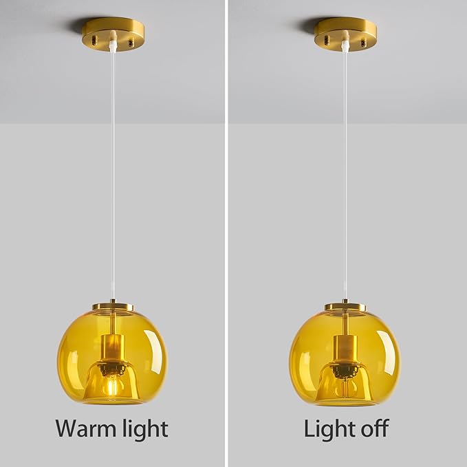 Yellow Glass Pendant Lights Kitchen Island Gold Hanging Light Fixture Glass Globe Pendant Light Modern Pendant Lighting for Kitchen Island Bedroom Dining Room (7.87", 1 Pack)