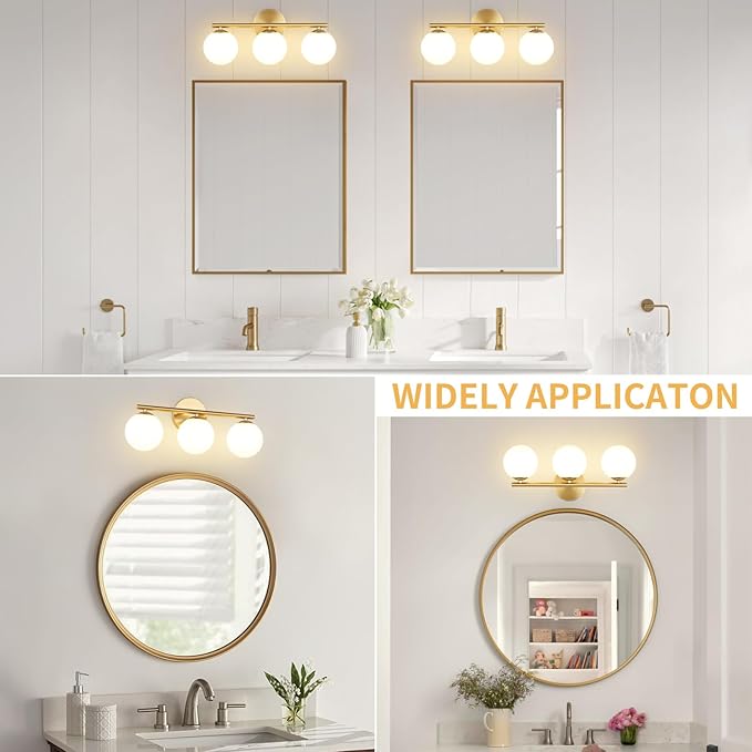 Globe Bathroom Light Fixtures 3-Light Brass Gold Vanity Light with Plastic Milk White Globe Shades 18.11 inch Wall Sconce Lighting Over Mirror, Vanity Lights for Bathroom Bedroom Hallway