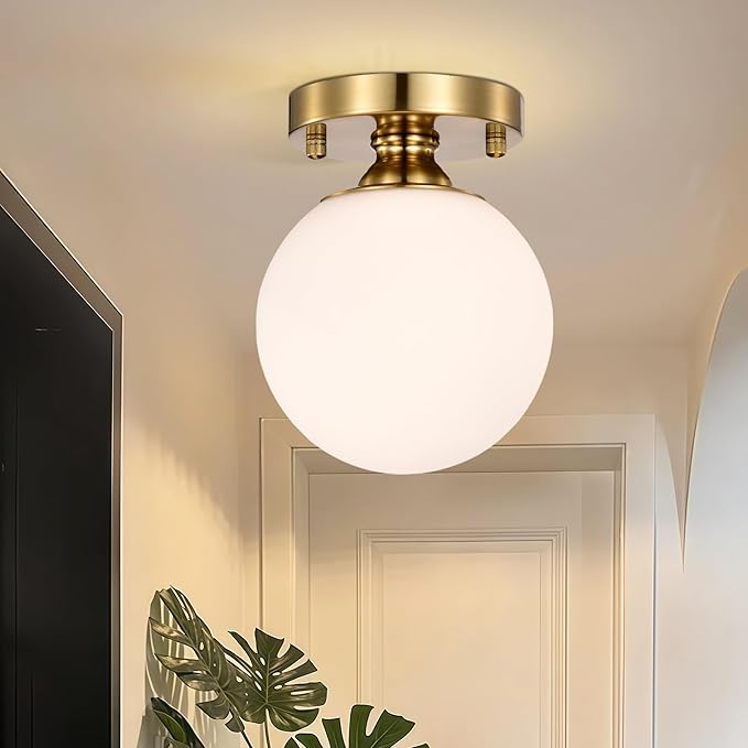 Gold Semi Flush Mount Ceiling Light 5.9" Globe Opal Glass Shade Mid-Century Modern Hallway Light Fixture for Entryway Closet Bathroom Bedroom Laundry Room Easy Install