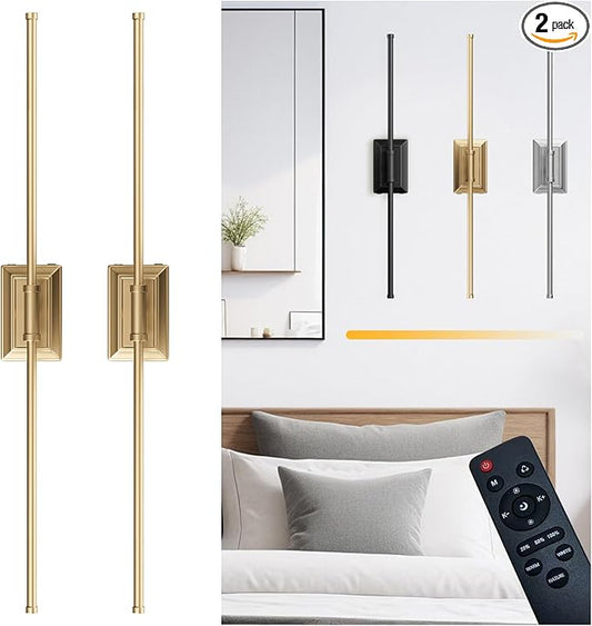 Battery Operated Wireless Wall Sconce - Modern Rechargeable Led Sconces in Black Gold Silver - Bedroom Decor Lights Set of 2 - Long Indoor Living Room Bathroom Remote Wall Light
