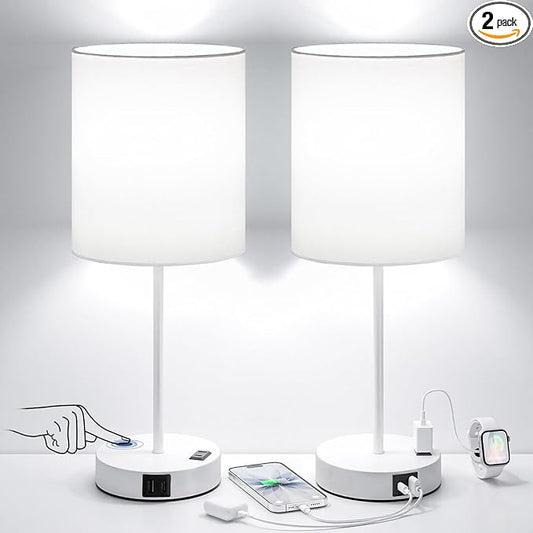 White Touch Lamps for Nightstand Set of 2 - Bedside Table Lamp for Bedroom with Dual USB Ports & AC Outlet, 3-Way Dimmable Lamps for Living Room Boys Room, Night Light with 5000K Daylight Bulbs