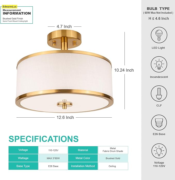 3-Light Semi Flush Mount Ceiling Light Fixture, 12.6" Gold Drum Light with White Fabric Shade, Modern Close to Ceiling Light for Living Room Bedroom Dining Room Kitchen Hallway Entry Foyer