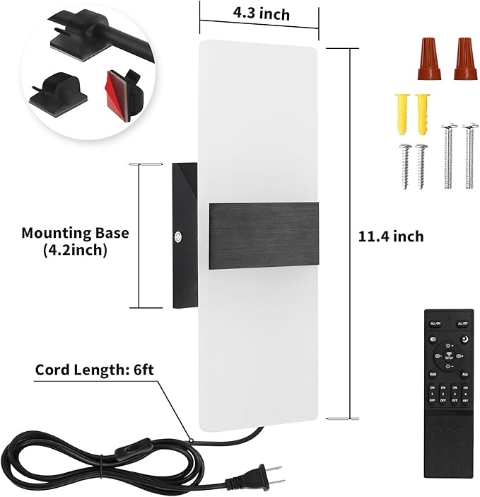 Plug in Wall Sconces with Adjustable 3000K-6500K Colors & 10%-100% Brightness, Wall Sconces Set of Two with Remote, 12W Acrylic LED Plug in Wall Light, Sconces Wall Decor Set of 2 (2 PACK,Black)