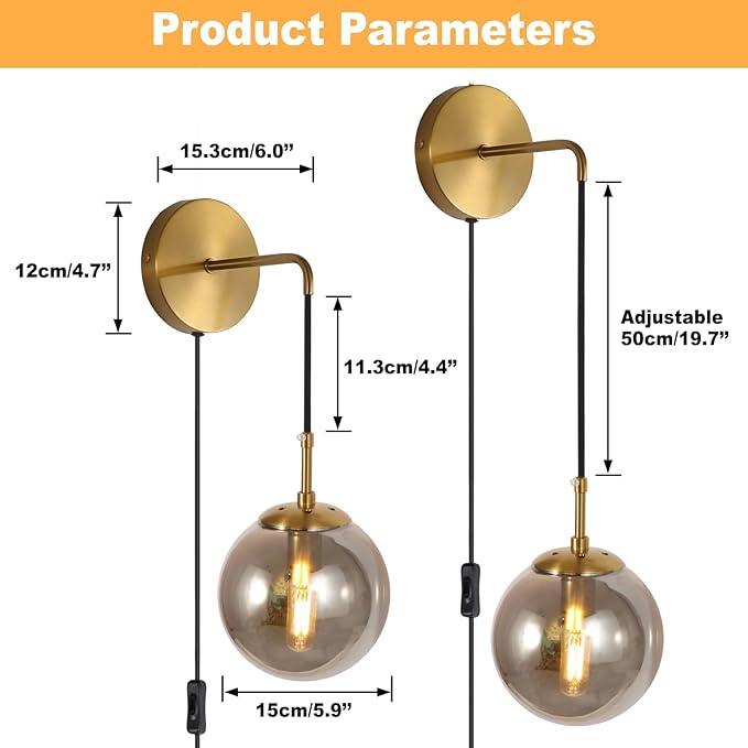 Wall Sconces Set of Two Plug in Wall Sconces 🔥🔥🔥 with Globe Smoke Grey Glass Shade Wall Lamp with Cord Wall Sconce Plug in Brushed Brass Gold Plug in Wall Sconces Set of 2 Plug in Wall Light Sconce