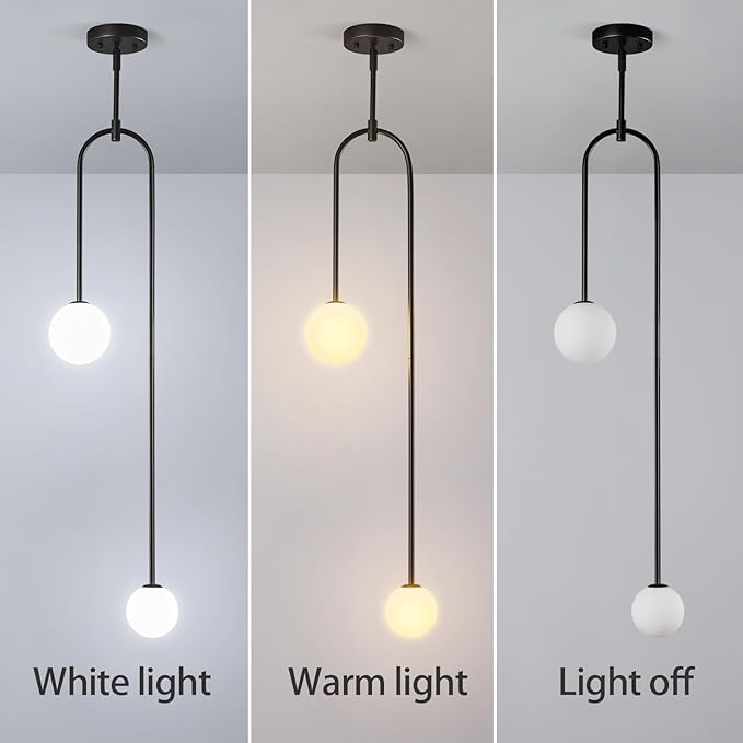 Modern Milk Glass Pendant Light 2 Light Mid Century Chandelier Small Glass Globe Black Pendant Lights for Kitchen Island Bedroom Dining (Metal Tube Removable, 2 Pack)