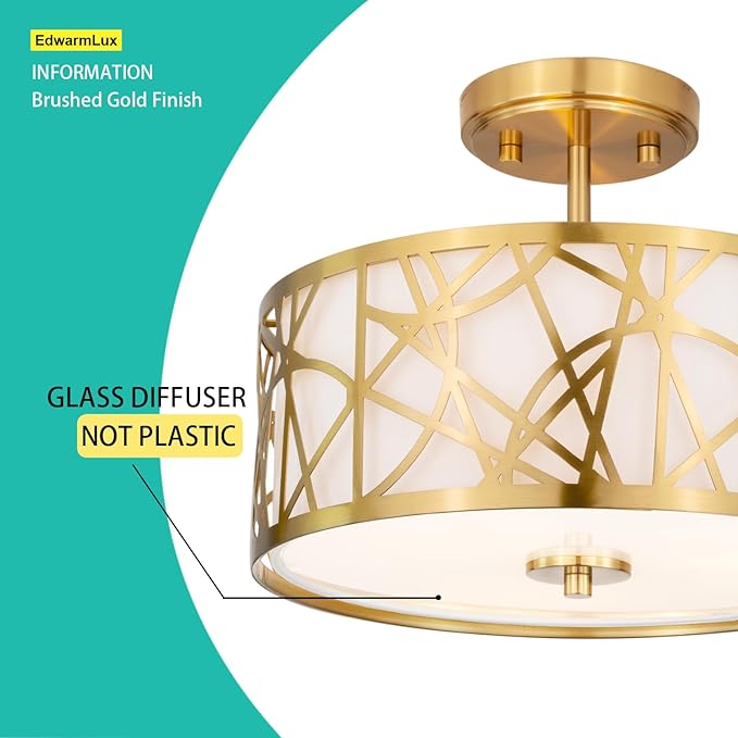 3-Light Semi Flush Mount Ceiling Light, 12.6" Drum Light with White Fabric Shade, Modern Close to Ceiling Lamp for Living Room Bedroom Dining Kitchen Hallway Entry Foyer (Brushed Gold)