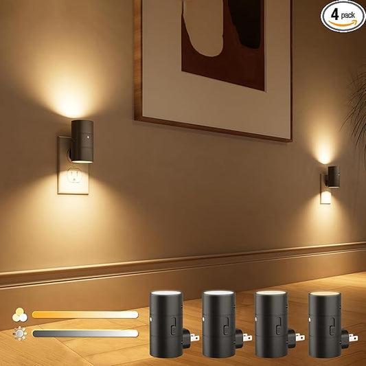VOLISUN Night Lights Plug into Wall, Dimmable LED Nightlight with Dusk to Dawn Light Sensor, 0-100LM Adjustable Brightness, 3 Color Temperatures, Compact Size Black 4 Pack for Hallway,Bedroom,Bathroom