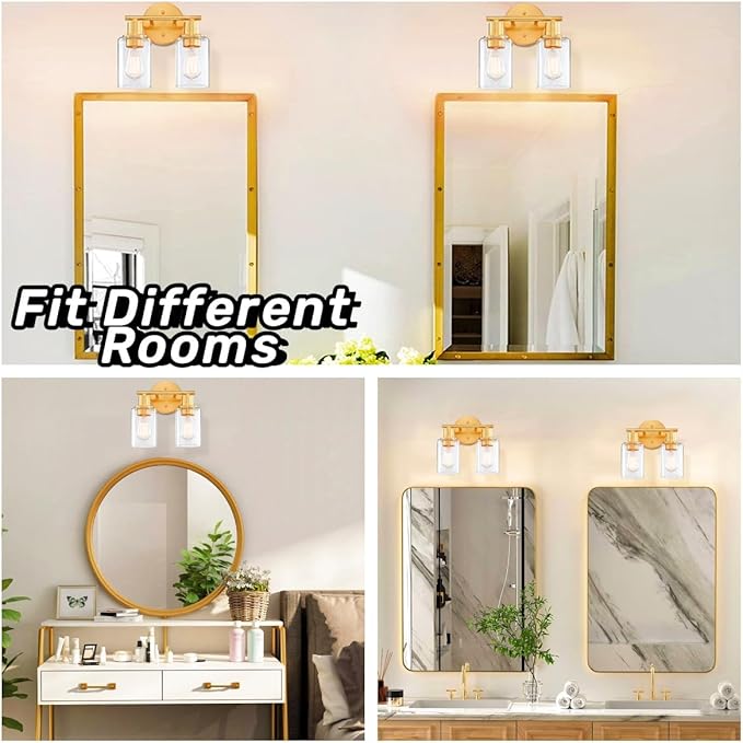 WISBEAM 2-Light Bathroom Vanity Light, Gold Bathroom Light Fixture Over Mirror with Clear Glass Shade Including E26 Medium Base, Bulb NOT Included, Brass Vanity Light Fixture