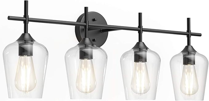Ralbay Vintage Bathroom Vanity Lighting Fixtures 4-Lights Industrial Matte Black Finish with Clear Glass Vanity Lights Farmhouse Bathroom Vanity Lights Wall Sconce