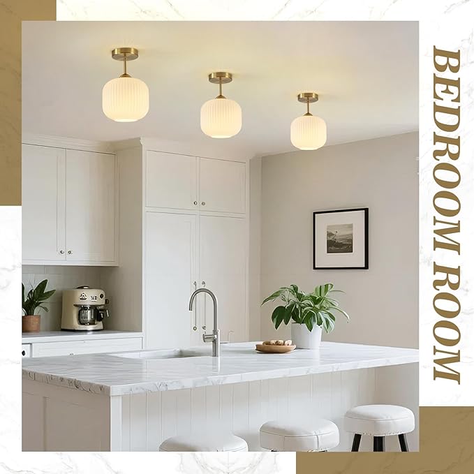 BOKT Vintage Semi Flush Mount Ceiling Light 7.9" Stripe Glass Shade Modern Ceiling Lamp Mid Century Gold Ceiling Light Fixture for Farmhouse, Kitchen Island, Hallway