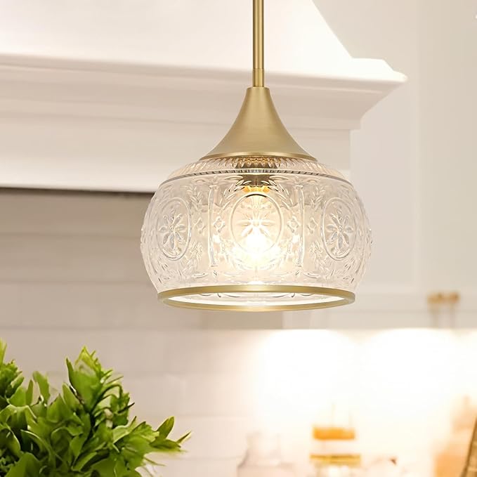 Gold Pendant Light - Modern Pendant Lights Kitchen Island with Handblown Glass, Vintage Hanging Light for Kitchen with Adjustable Height, Lithging Fixture for Dining Room Sink
