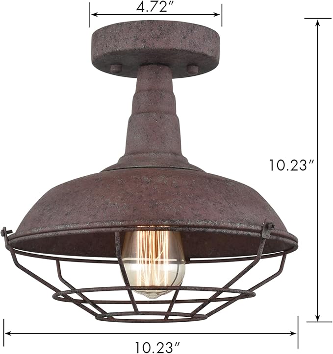 DAYCENT Rustic Semi Flush Mount Ceiling Light Barn Style Light Fixture Farmhouse Metal Cage Ceiling Light 1-Light Industrial Wire Caged Flush Mount Barn Light Rust Finish for Hallway Foyer Kitchen