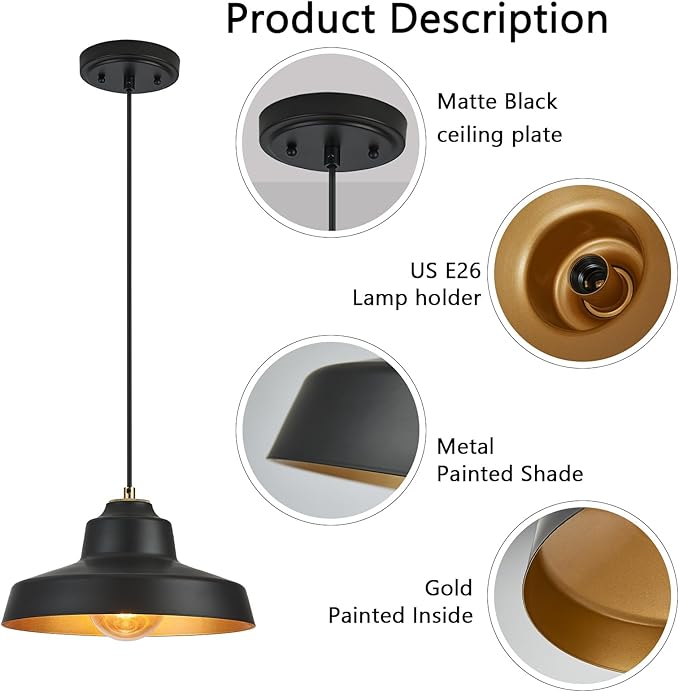 12 Inch Black Pendant Light Fixture,Farmhouse Hanging Lamp Adjustable Height Dome Pendant Lights for Kitchen Island Dining Room,2 Pack