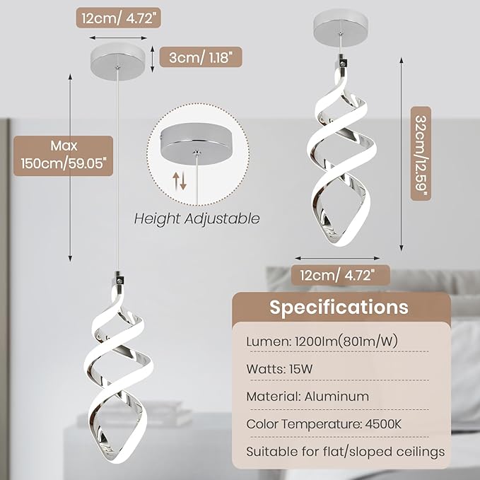 EIDISUNY 3 Packs Pendant Light, 15W Spiral Led Pendant Light, 4500K Modern Pendant Lights Kitchen Island, Adjustable Height Pendant Light for Dining Room Bedroom Kitchen Island Cafe