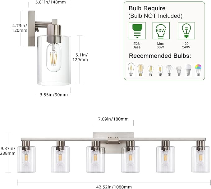 6 Light Bathroom Vanity Light,Vanity Light with Clear Glass Rust Proof Moisture-proof Easy to Clean 40"Brushed Nickel Bathroom Lighting Fixtures over Mirror Large Vanity Light for Bathroom Wall Sconce