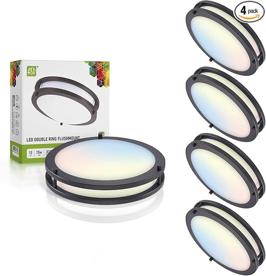 ASD LED 12" Round Flush Mount Lighting, Close to Ceiling Light Fixture | 3CCT, Dimmable, Energy Star, ETL Listed | 20W 1532LM 3000-5000K 120V | Low Profile Double Ring Lamp | Black, 4 Pack