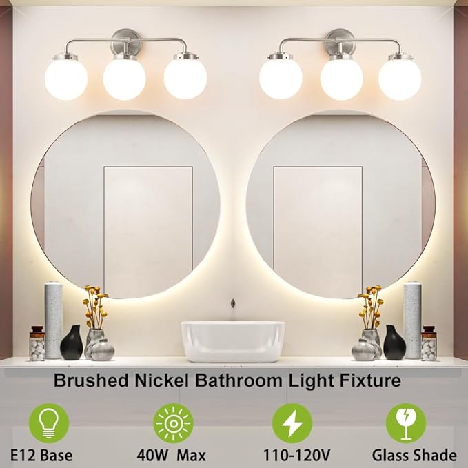 Bathroom Light Fixtures Over Mirror, Brushed Nickel Modern Vanity Lights with Milk White Glass Globe Shades 3-Light Farmhouse Wall Sconce Lighting