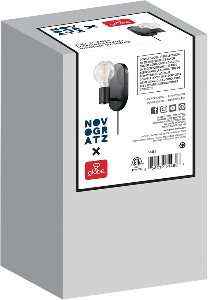 Globe Electric x Novogratz 51488 1-Light Plug-in or Hardwire Wall Sconce, Matte Black, 6ft Fabric Covered Cord, Rocker Switch, Wall Lights for Apartment or Renters, Modern Lighting