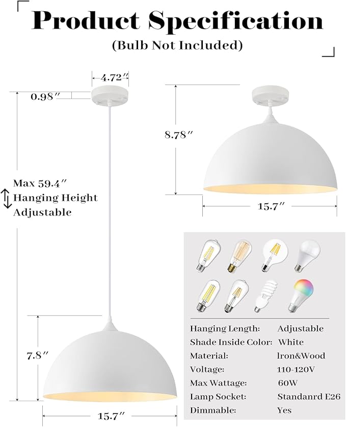 White Dome Pendant Lights Kitchen Island, 16 Inch Large White Dome Pendant Light, Modern Farmhouse Pendant Light for Kitchen Island, Dining Room, Cafe, Bar, 1 Pack