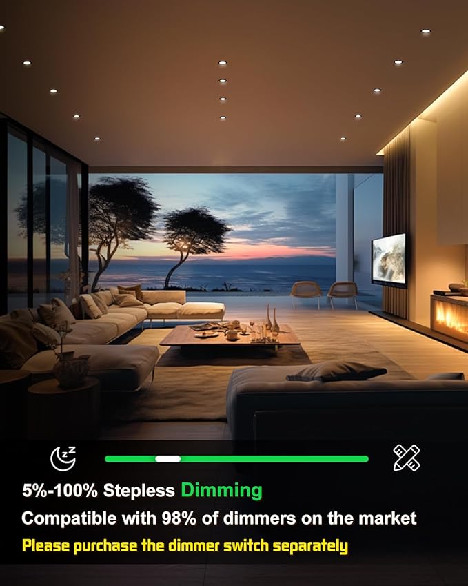 zouzai 4 Inch Black 5CCT Reset Ultra-Thin LED Recessed Ceiling Light with Junction Box, 2700K/3000K/3500K/4000K/5000K Selectable, 9W, Dimmable-ETL and Energy Star Certified【6 Pack 】
