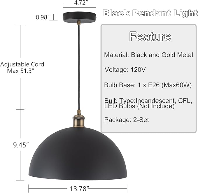 13.78" Modern Industrial Black Pendant Lights Farmhouse Dome Black Gold Pendant Lighting Vintage Golden Pendant Light for Kitchen, Dining Room, Bedroom, Hallway, Living Room, Set of 2