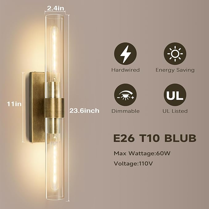 Brass Bathroom Vanity Wall Sconces, 2-Light Glass Tube Wall Sconces, 22.8” Horizontal or Vertical Linear Wall Sconces, Gold Vanity Light, Indoor Wall Sconces, E26 Bulb Included