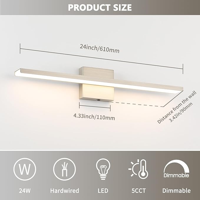 JUSHENG Brushed Nickel Vanity Lights for Bathroom Light Fixtures 5CCT Dimmable Vanity Light Bar LED Bathroom Lighting Over Mirror 24'' Inch 24W ETL Certificated
